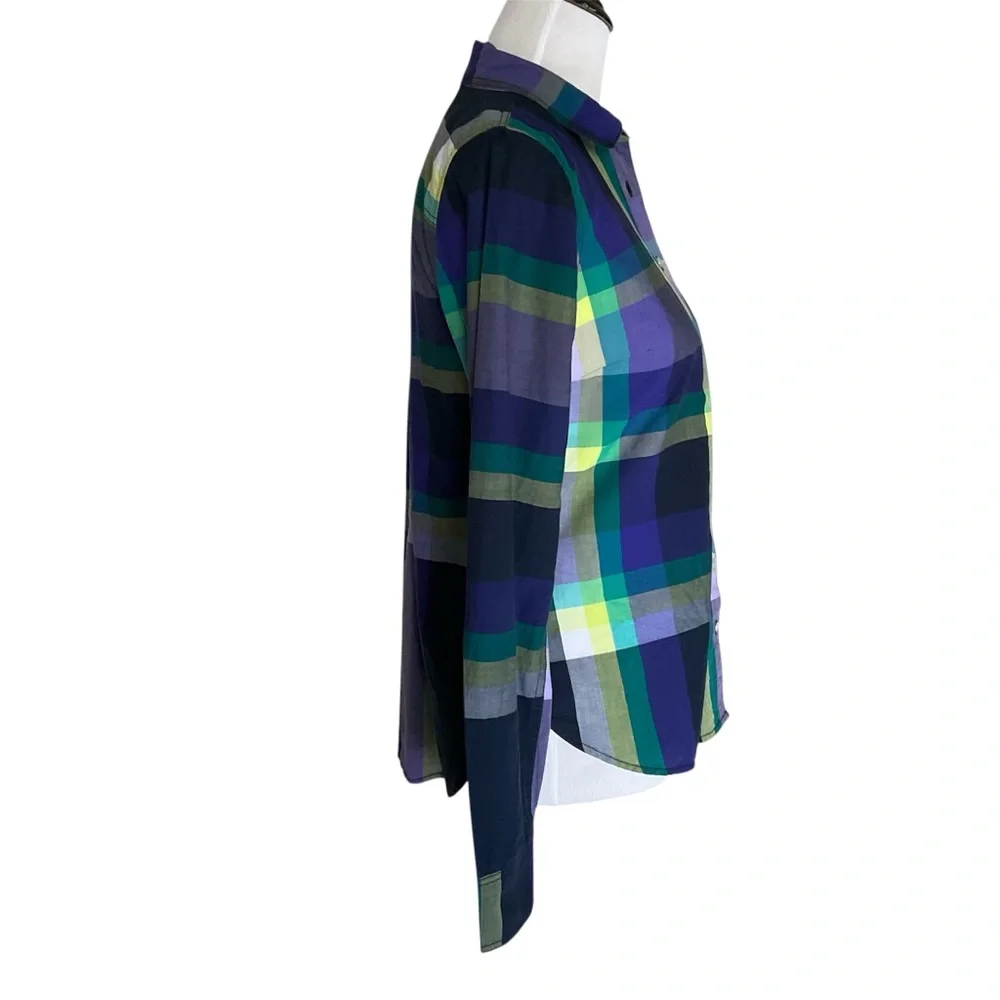 Plaid Long Sleeve Button Front Shirt 100% Cotton Purple Blue Green Women’s M - Picture 4 of 11